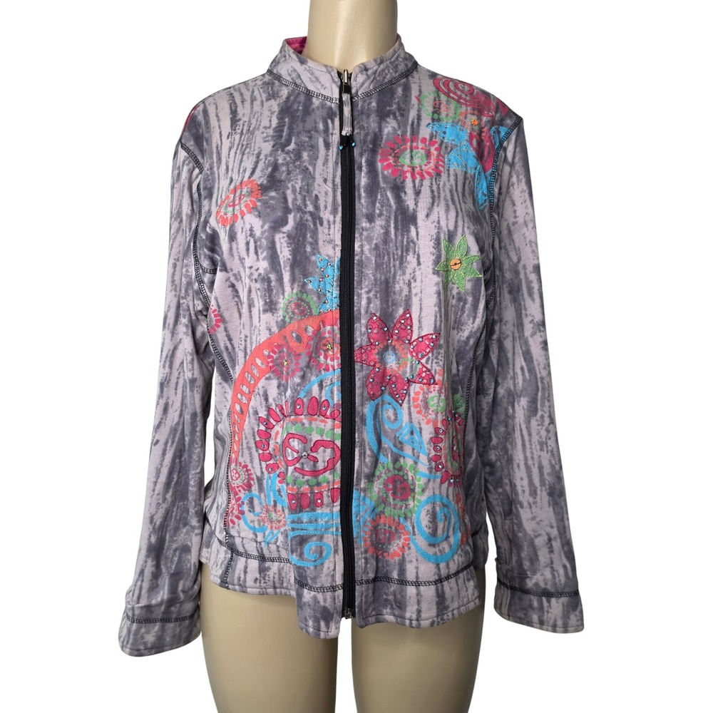 Parsley & Sage Jacket Womens M Pink Grey Reversible Floral Embroidered Zip Up